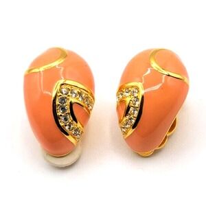 JOAN RIVERS PASTEL PINK CRYSTAL‎ CLIP ON HOOP EARRINGS ENAMEL SIGNED GOLD TONE